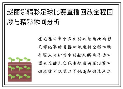 赵丽娜精彩足球比赛直播回放全程回顾与精彩瞬间分析